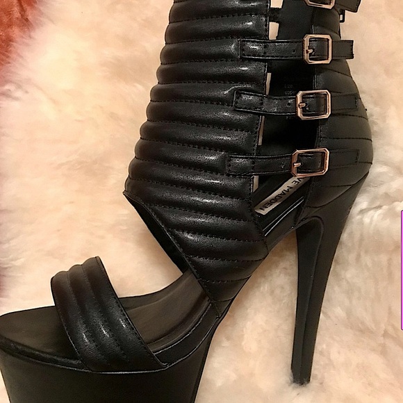STEVE MADDEN Pleather Ankle Buckle Strap Black Platform Stiletto Heels Shoes 10 - Picture 7 of 13